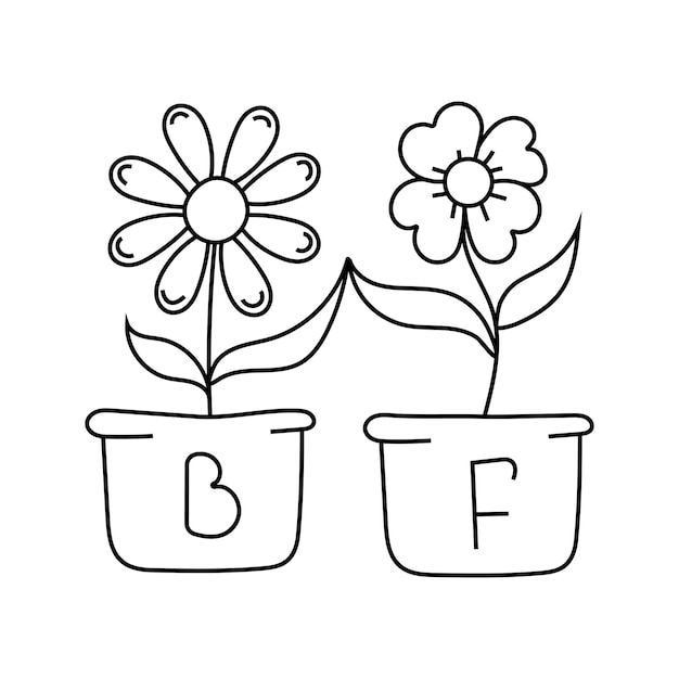Ilustración vectorial de dos flores en una olla amistad en estilo garabato