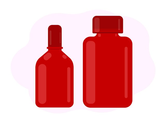 Ilustración vectorial. Dos frascos de pastillas y un spray para ojos o nariz. Embalaje de muestra