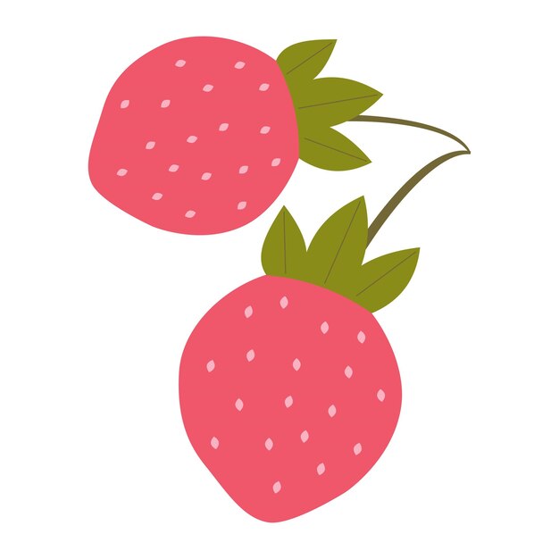 Ilustración vectorial de dos fresas con hojas que representan frutas frescas y jugosas
