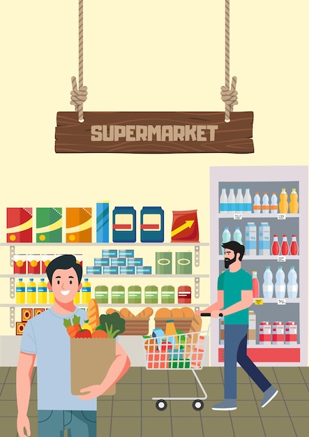 Ilustración vectorial de dos hombres comprando en un supermercado