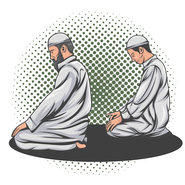 Ilustración vectorial de dos hombres musulmanes vestidos tradicionalmente rezando en la mezquita
