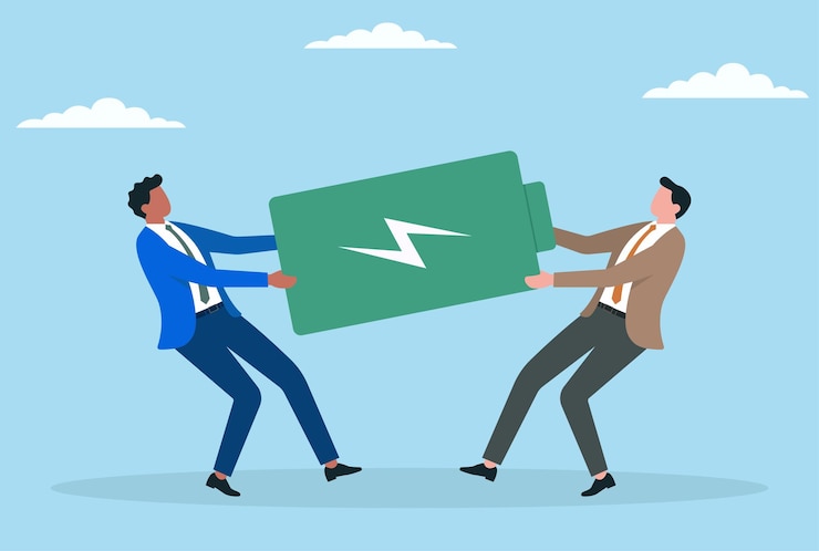 Vector ilustración vectorial de dos hombres de negocios que luchan por una batería que representa la competencia por los recursos energéticos, el poder y la lucha por mantener el impulso y la innovación en los negocios.