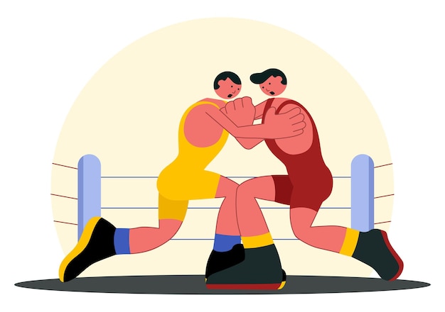 Ilustración vectorial de dos luchadores en una competencia de boxeo o un combate de campeonato en una arena en un fondo de lucha libre de dibujos animados de estilo plano