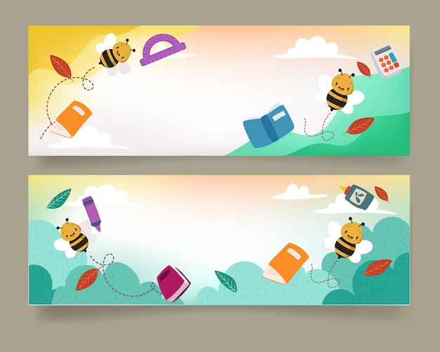 Ilustración vectorial de dos pancartas horizontales con abejas volando alrededor de los libros