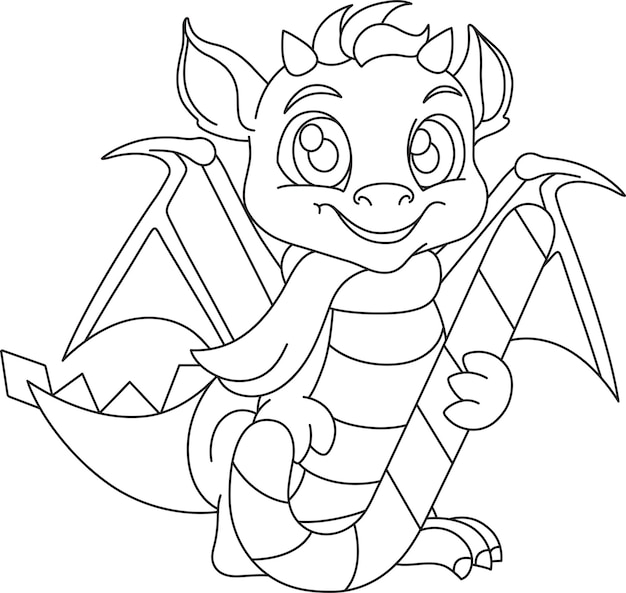 Vector ilustración vectorial dragón de dibujos animados con piruleta a rayas símbolo de 2024 año nuevo personaje libro de colorear para niños garabateo y boceto