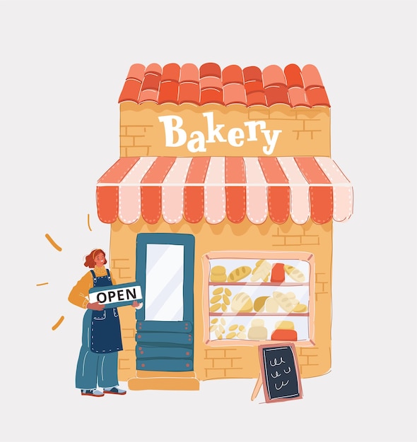 Ilustración vectorial del dueño de la tienda abriendo el letrero en la puerta de la panadería