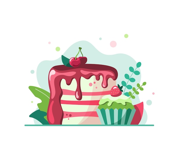 Ilustración vectorial de dulce cupcake decorado con fresa y trozo de pastel de cereza con glaseado