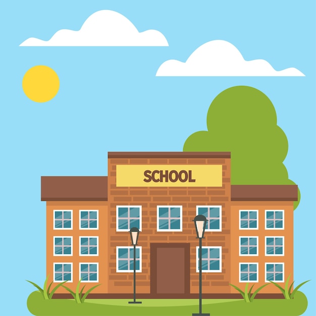 Ilustración vectorial del edificio de la escuela El patio delantero Bienvenido de vuelta a la escuela De vuelta a la escola letras coloridas