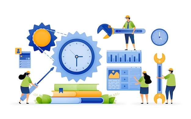Ilustración vectorial de Educación y desarrollo de habilidades Formación profesional con herramientas de engranajes y libros Educación y promoción profesional Se puede utilizar para aplicaciones de sitios web de campañas publicitarias en redes sociales
