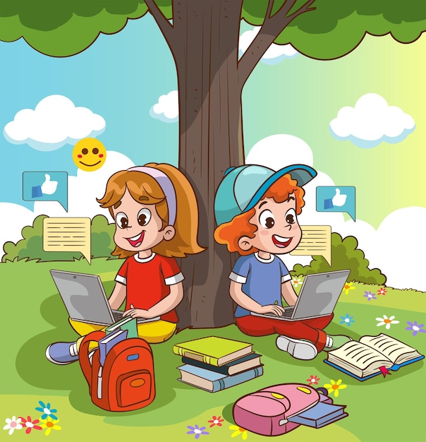 Vector ilustración vectorial de la educación de los niños niños que utilizan tabletas y teléfonos uso de la tecnología en