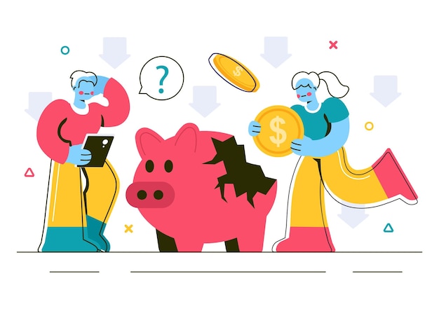 Ilustración vectorial de los efectos de la recesión que muestra el impacto en el crecimiento económico y la disminución de la actividad económica en un fondo de dibujos animados de estilo plano