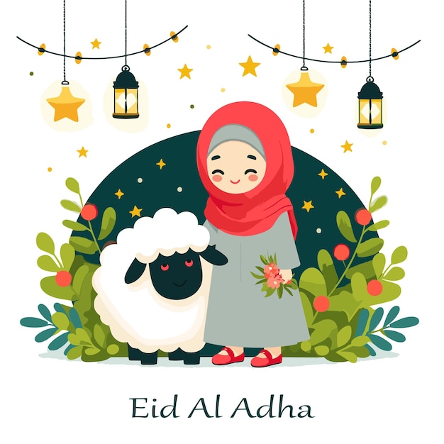 Vector ilustración vectorial de eid al adha con niña y oveja