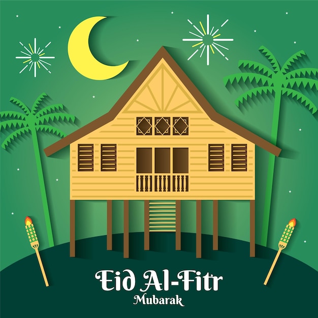 Ilustración vectorial de Eid Al Fitr con casa de pueblo malaya tradicional o Kampung