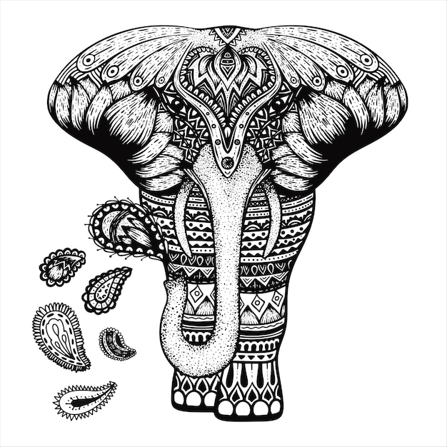 Ilustración vectorial del elefante mandala y los elementos paisley