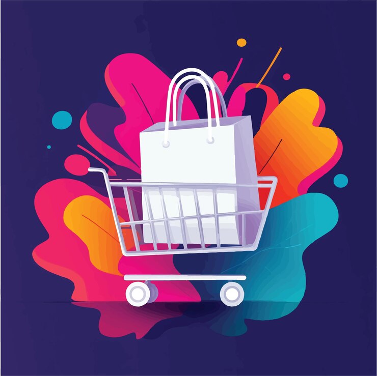 Vector ilustración vectorial elegante de una bolsa de compras y un carrito para el comercio electrónico