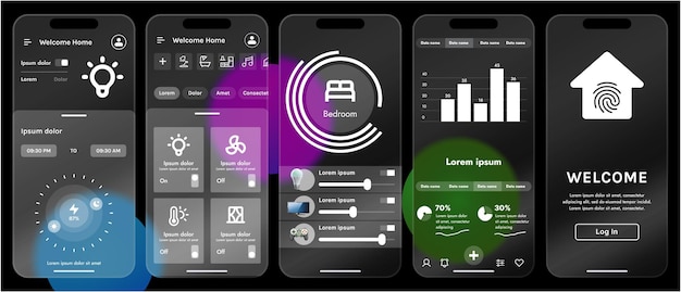 Ilustración vectorial elegante de una interfaz de aplicación de hogar inteligente mostrada en un teléfono inteligente