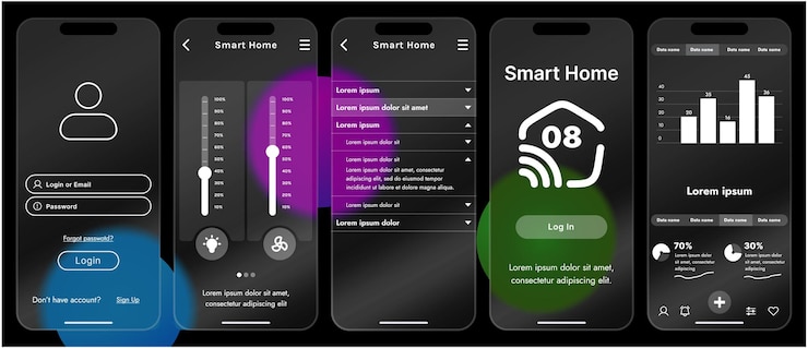 Vector ilustración vectorial elegante de una interfaz de aplicación de hogar inteligente mostrada en un teléfono inteligente