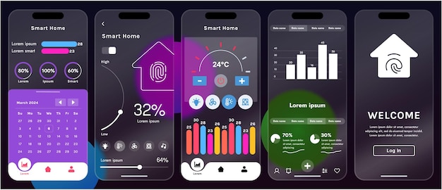 Ilustración vectorial elegante de una interfaz de aplicación de hogar inteligente mostrada en un teléfono inteligente