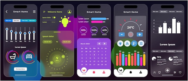 Ilustración vectorial elegante de una interfaz de aplicación de hogar inteligente mostrada en un teléfono inteligente