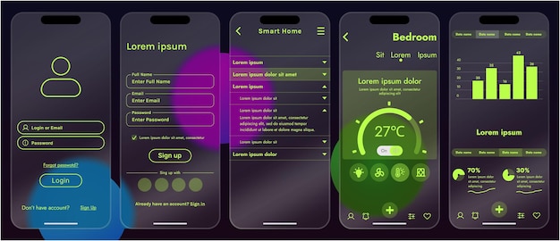 Ilustración vectorial elegante de una interfaz de aplicación de hogar inteligente mostrada en un teléfono inteligente