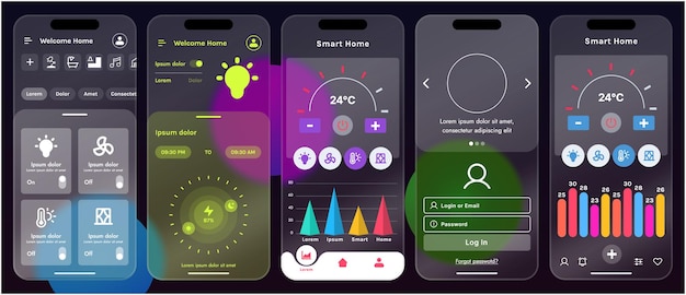 Ilustración vectorial elegante de una interfaz de aplicación de hogar inteligente mostrada en un teléfono inteligente