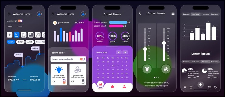 Vector ilustración vectorial elegante de una interfaz de aplicación de hogar inteligente mostrada en un teléfono inteligente