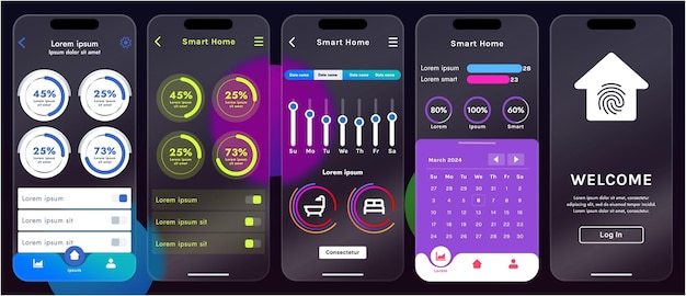 Ilustración vectorial elegante de una interfaz de aplicación de hogar inteligente mostrada en un teléfono inteligente