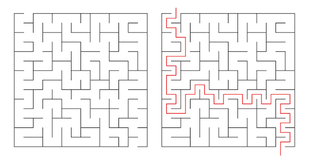 Vector ilustración vectorial un elemento de diseño en forma de laberinto una entrada, una salida y un camino correcto, pero muchos caminos que conducen a un callejón sin salida