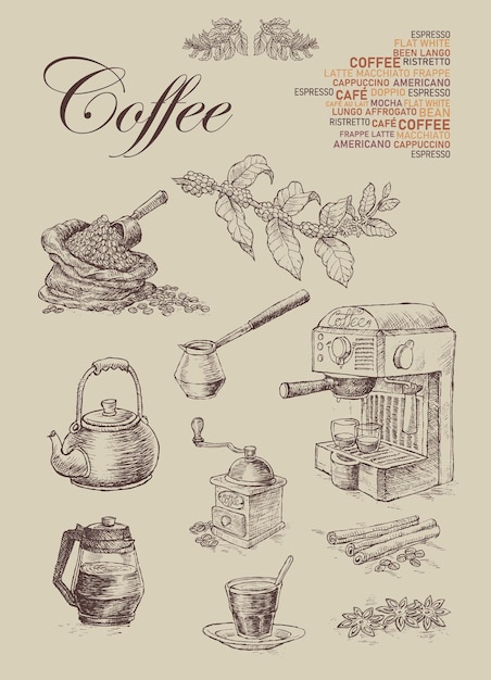 Ilustración vectorial de elementos de café aptos para fondos, pancartas, logotipos, estampados de camisetas