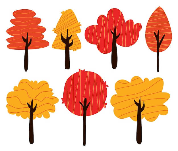 Ilustración vectorial de los elementos del conjunto de árboles de otoño