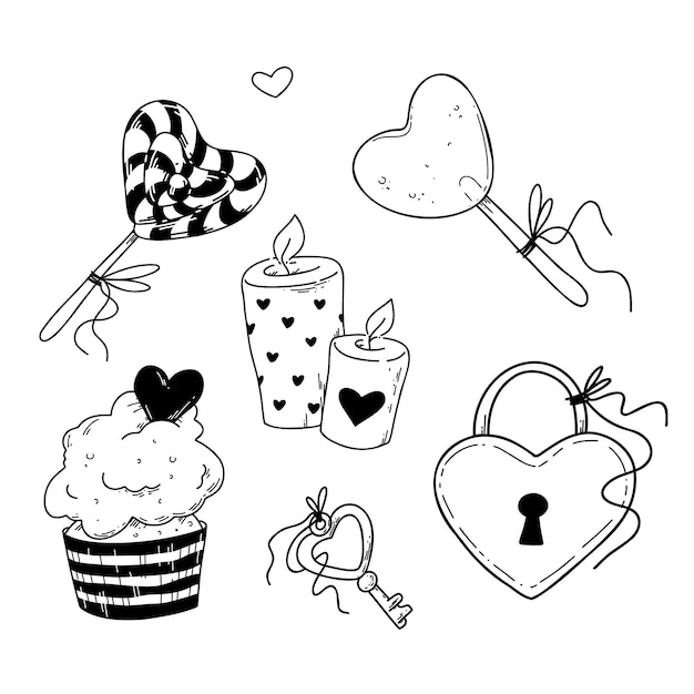 Ilustración vectorial de elementos de dibujos animados para el día de San Valentín en estilo doodle