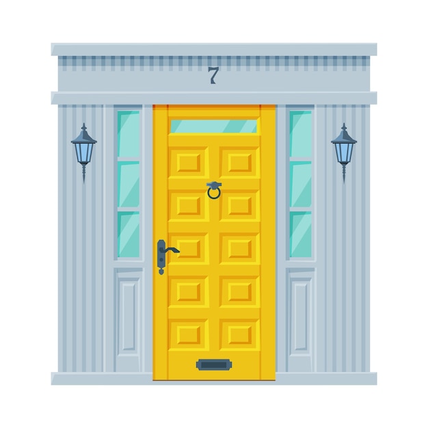 Ilustración vectorial de elementos de diseño arquitectónico de la fachada clásica de la puerta amarilla