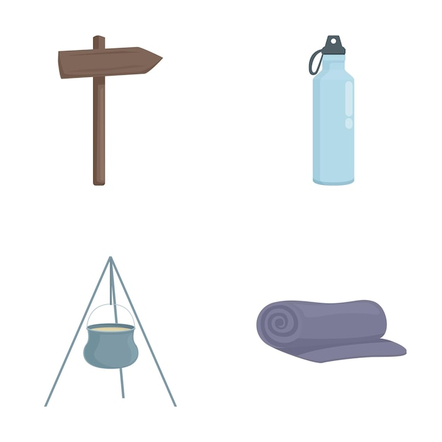 Ilustración vectorial de los elementos esenciales para acampar, incluida la botella de agua de señalización, la olla de trípode y la alfombra para dormir