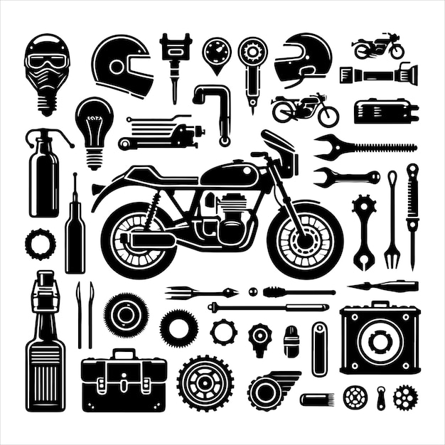 Ilustración vectorial de elementos de motocicleta en un fondo blanco aislado