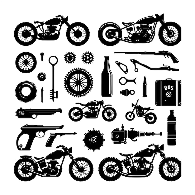 Ilustración vectorial de elementos de motocicleta en un fondo blanco aislado
