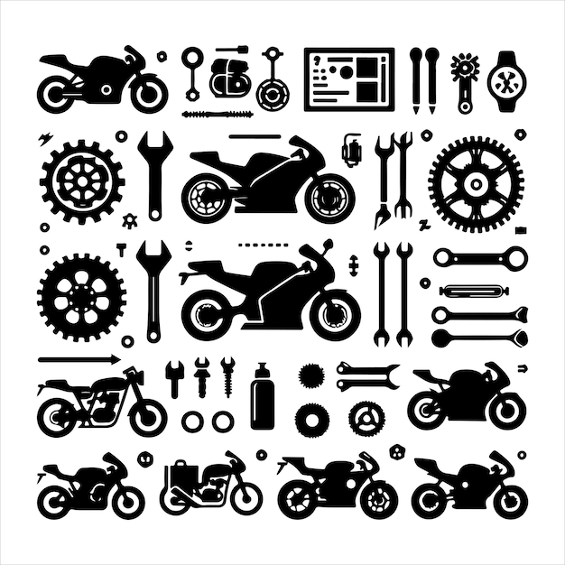 Ilustración vectorial de elementos de motocicleta en un fondo blanco aislado