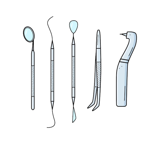 Vector ilustración vectorial de elementos de la odontología para el tratamiento y el cuidado de los dientes