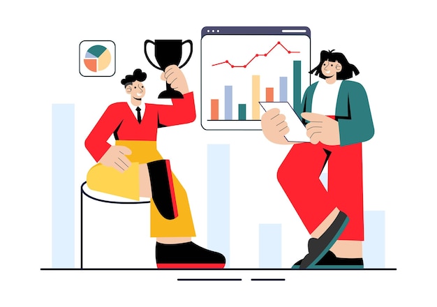 Ilustración vectorial de los empleados de los mejores gerentes con estrategias de gestión de proyectos e informes financieros para lograr objetivos o metas en un fondo