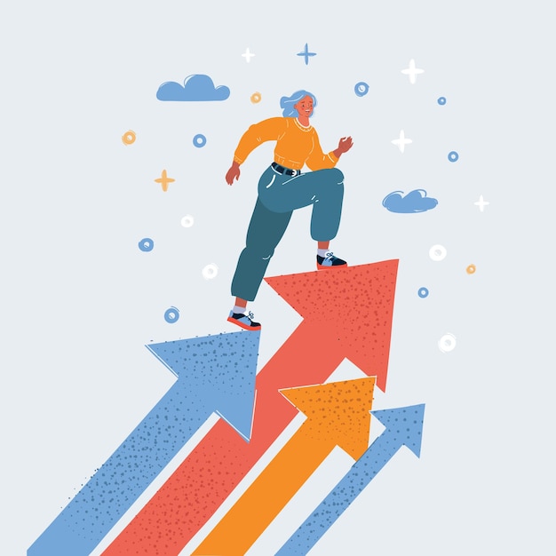 Ilustración vectorial del empresario líder subiendo las escaleras a la parte superior de la meta