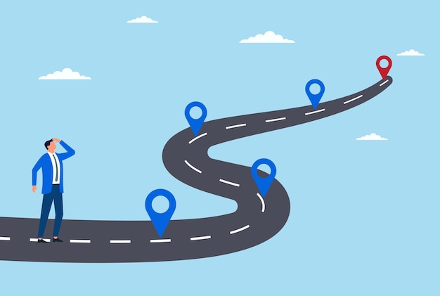 Ilustración vectorial de un empresario que encuentra una hoja de ruta de negocios y hitos objetivos