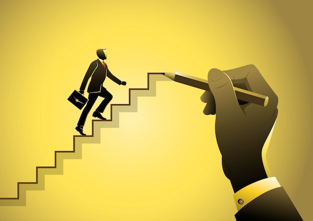 Ilustración vectorial Empresario subiendo escaleras dibujadas por mano humana sobre fondo amarillo