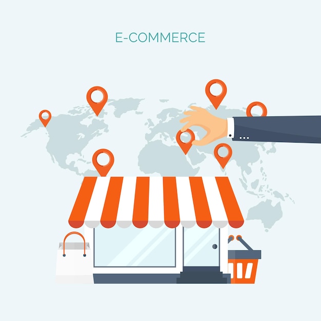 Ilustración vectorial encabezado plano compras tienda web comunicación global comercio comercio electrónico