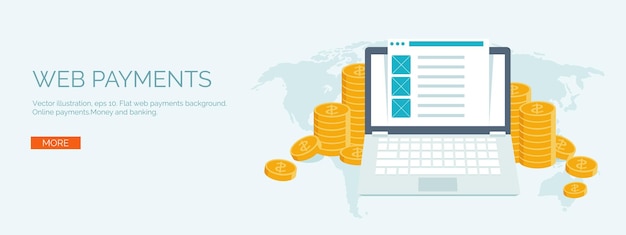 Ilustración vectorial encabezado plano dinero dinero haciendo pagos web moneda mundial tienda de Internet