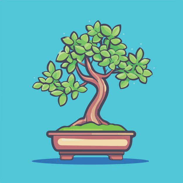 Ilustración vectorial de un encantador árbol de bonsai decorativo en una superficie de madera