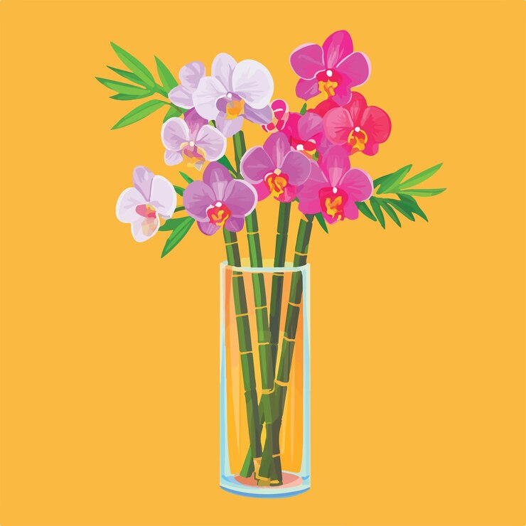 Vector ilustración vectorial de una encantadora orquídea y un arreglo de bambú en un jarrón de vidrio