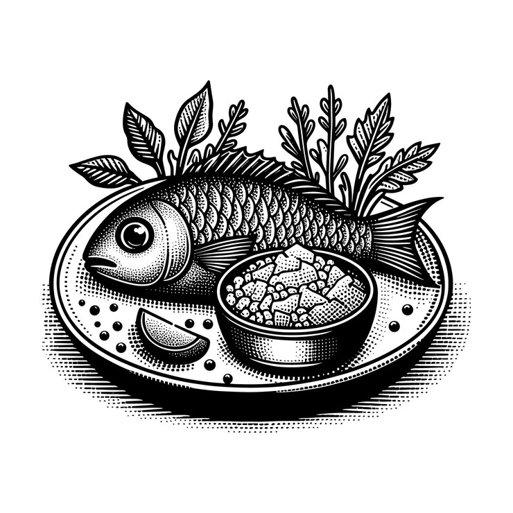 Ilustración vectorial de eneldo en un plato de pescado fresco junto al mar
