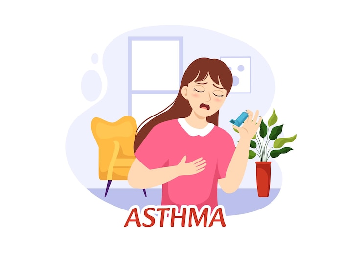 Vector ilustración vectorial de la enfermedad del asma con pulmón humano e inhalador para respirar en plantillas de atención médica