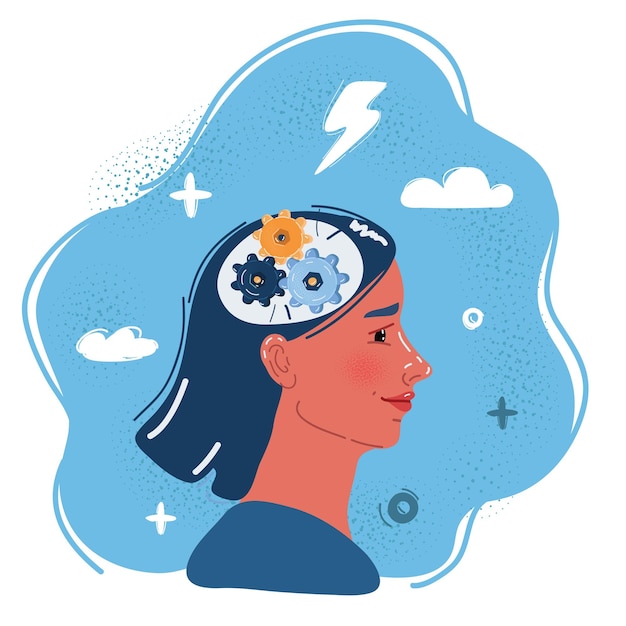 Ilustración vectorial del engranaje dentro del cerebro de la mujer