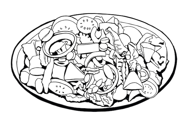 Ilustración vectorial de ensalada de verduras dibujada a mano en un cuenco con fondo blanco