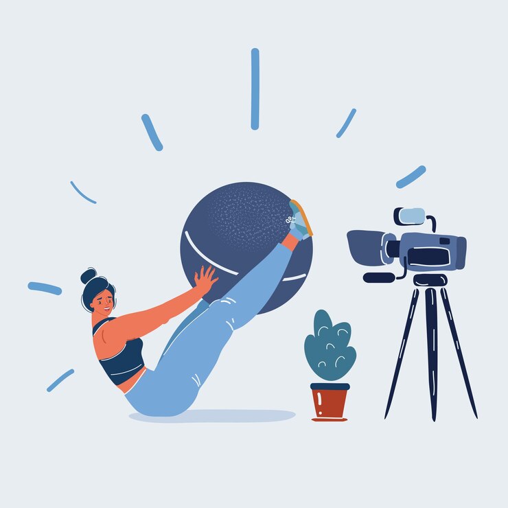 Vector ilustración vectorial del entrenador de influencia de yoga y pilates muestra cómo entrenar en casa sin equipo hace ejercicios con una pelota